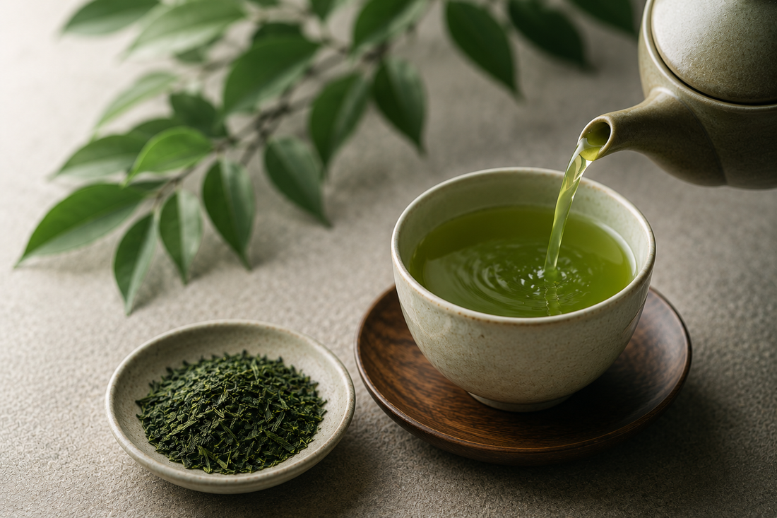 Fukamushi Sencha mit intensiv grünem Aufguss und tief gedämpften japanischen Teeblättern.