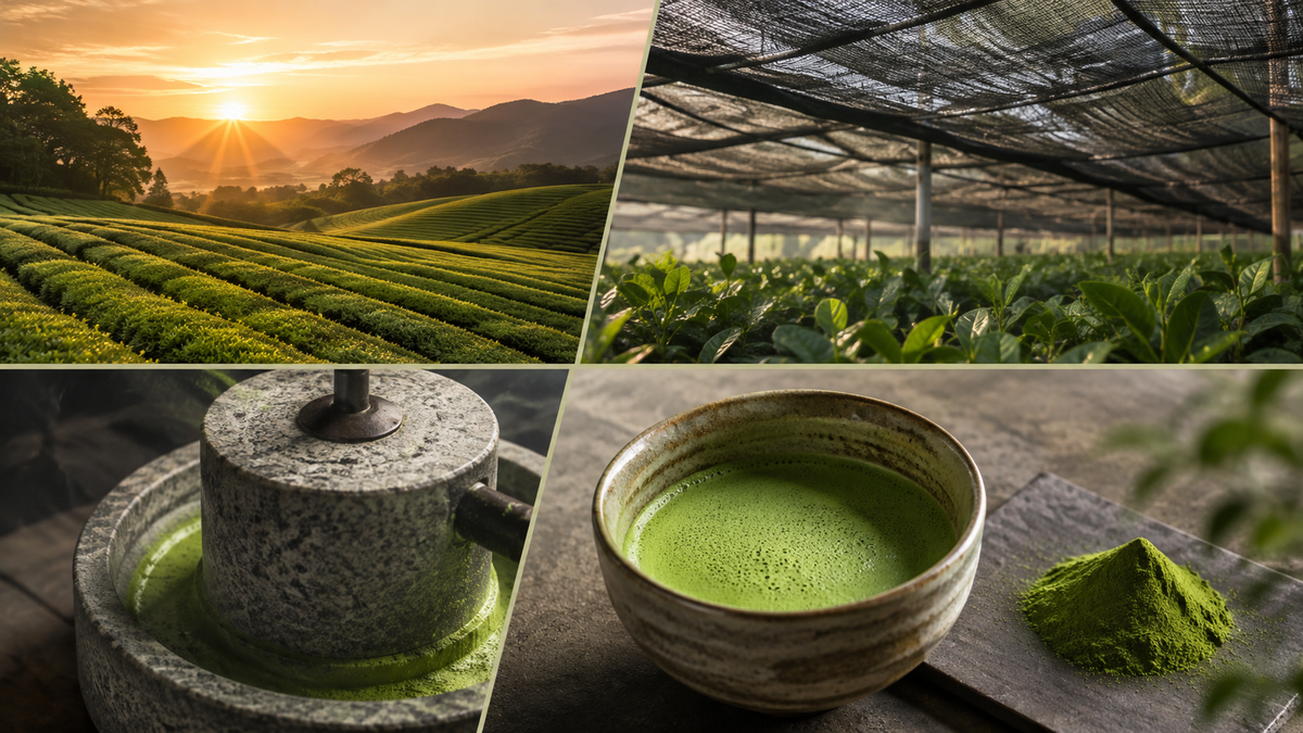 Collage zur Herstellung von Matcha: Tencha-Feld im Morgenlicht, beschattete Teeblätter, traditionelle Steinvermahlung und fertiger Matcha mit feinem grünem Pulver.