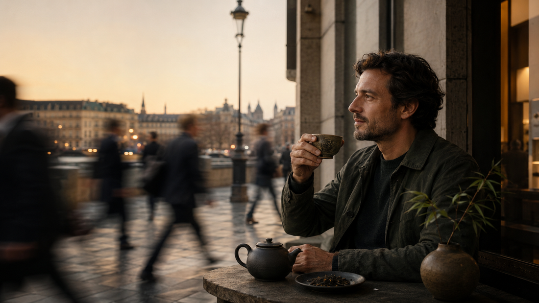 Ein Mann genießt in einer europäischen Stadt bewusst eine Tasse Tee, während die Menschen um ihn herum in Bewegung bleiben.