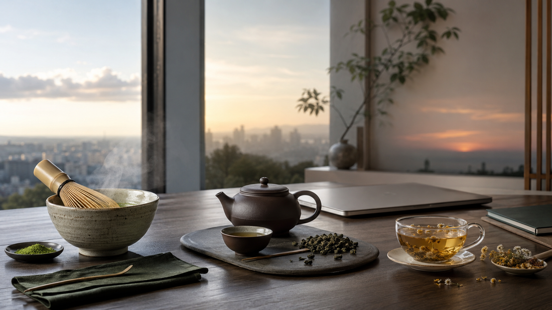 Matcha, Oolong und Kräutertee als Begleiter verschiedener Phasen eines modernen Tages