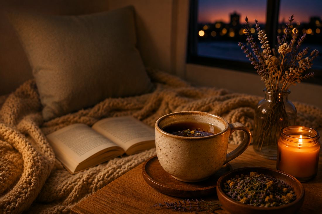 Gemütliches Abendritual mit Kräutertee, Kerzenlicht, offenem Buch und ruhiger Atmosphäre