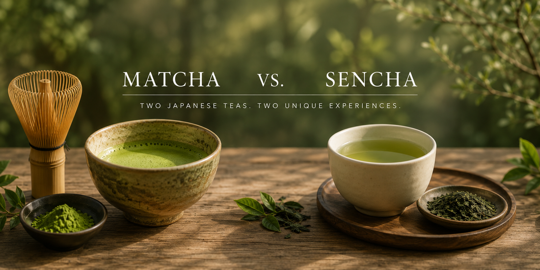 Matcha and Sencha tea prepared in a traditional Japanese setting, highlighting two different ways to experience Japanese tea