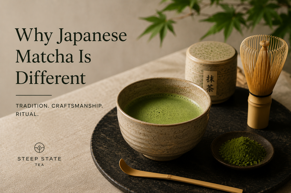 Why Japanese Matcha Is Different – Japanese matcha tea ceremony with ceramic bowl, bamboo whisk and vibrant green matcha, exploring tradition, craftsmanship and mindful tea rituals.