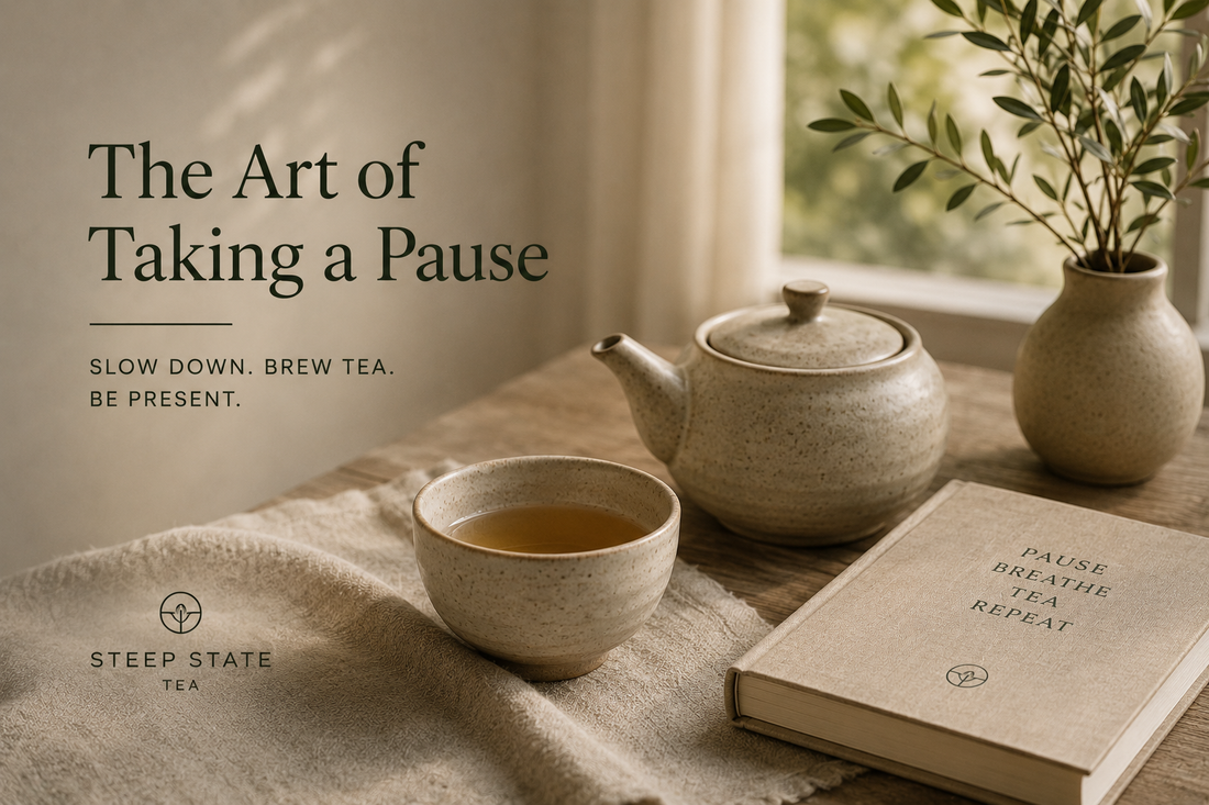 The Art of Taking a Pause – mindful tea ritual with a teapot, tea cup and quiet reading moment in natural morning light.