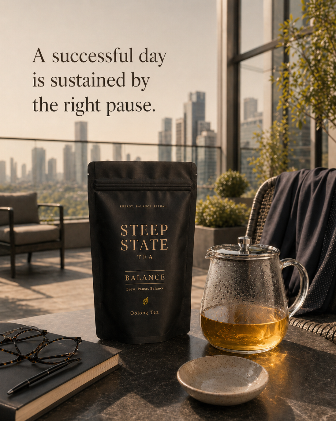 BALANCE collection by STEEP STATE TEA with oolong tea and a mindful pause in a calm urban setting