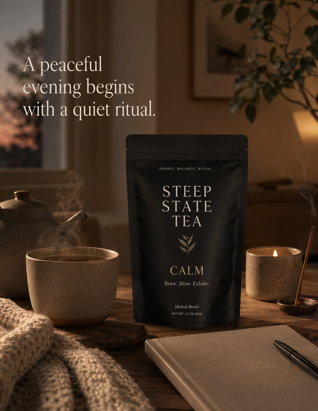 CALM collection by STEEP STATE TEA featuring a peaceful evening tea ritual in a warm and cozy setting