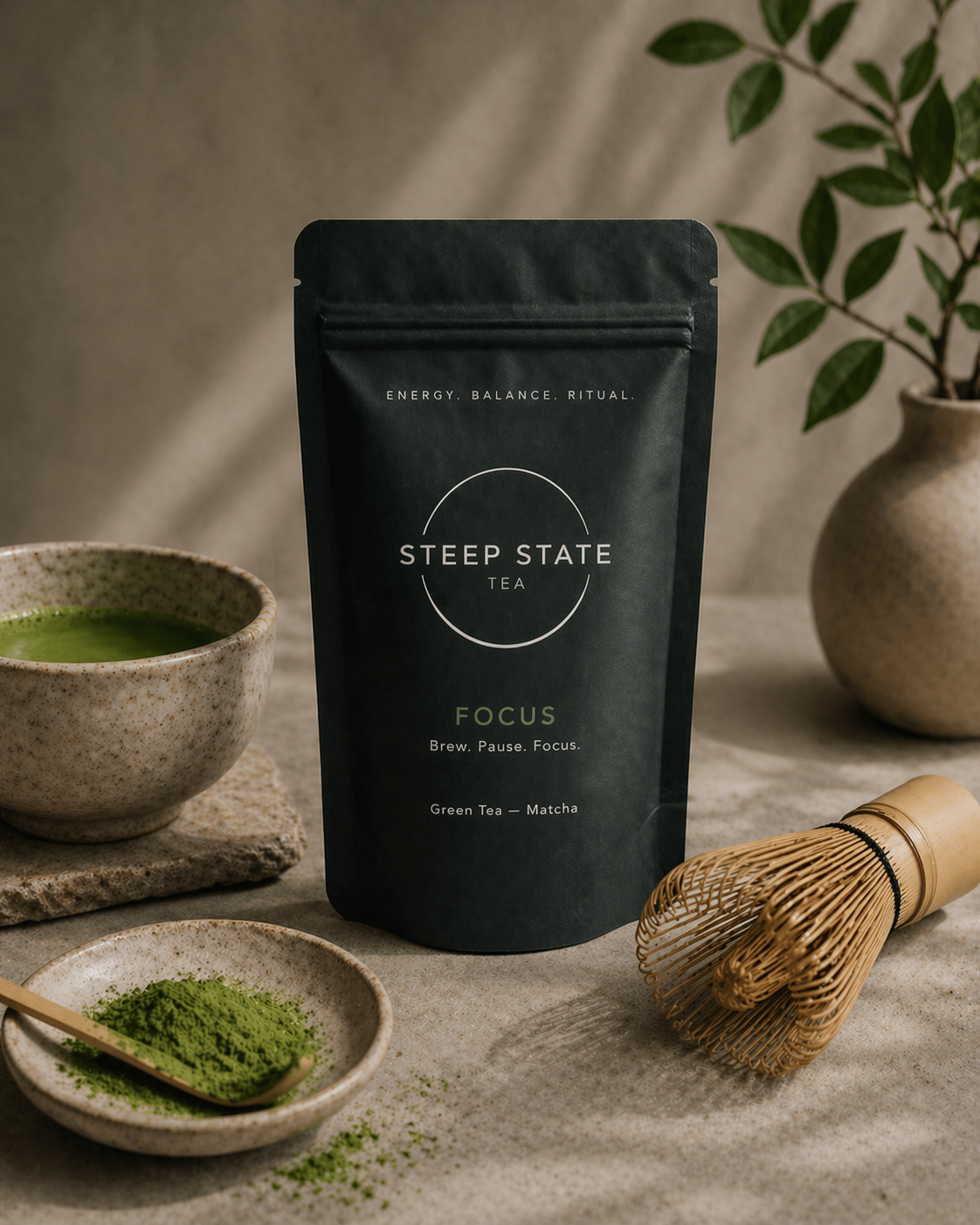 Ceremonial Grade Matcha by STEEP STATE TEA with bamboo whisk, matcha powder and prepared tea