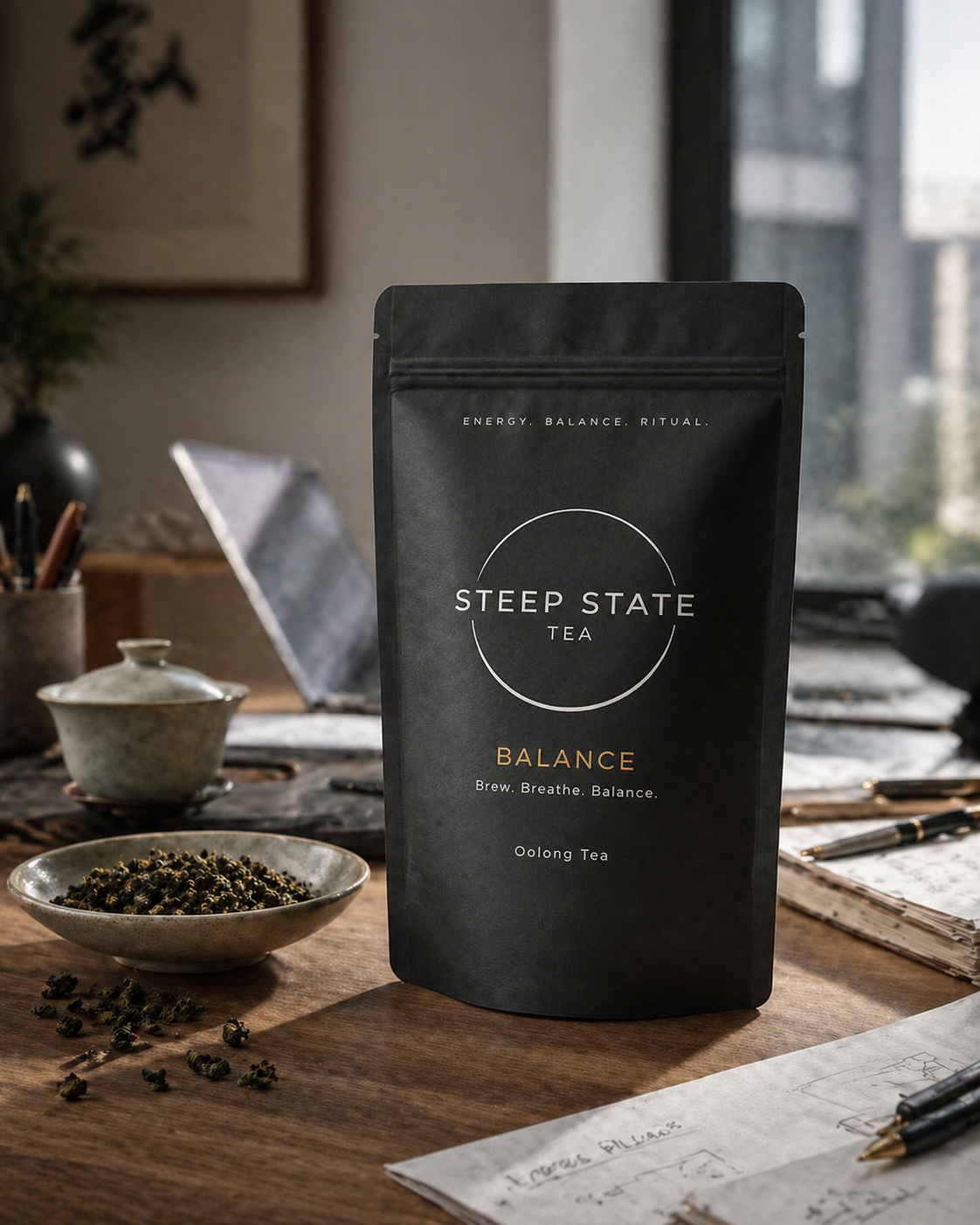Premium Tie Guan Yin oolong tea by STEEP STATE TEA with loose tea leaves and traditional gaiwan on a wooden table
