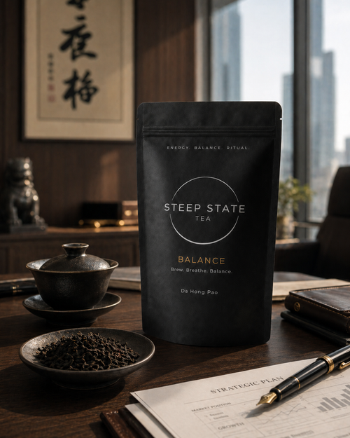 Premium Da Hong Pao oolong tea by STEEP STATE TEA with loose tea leaves and traditional gaiwan on a wooden desk