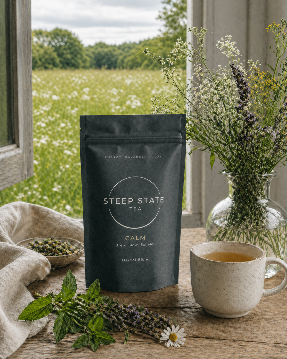 Premium Botanical Sunset herbal tea by STEEP STATE TEA with botanical ingredients and a freshly brewed cup in a natural countryside setting