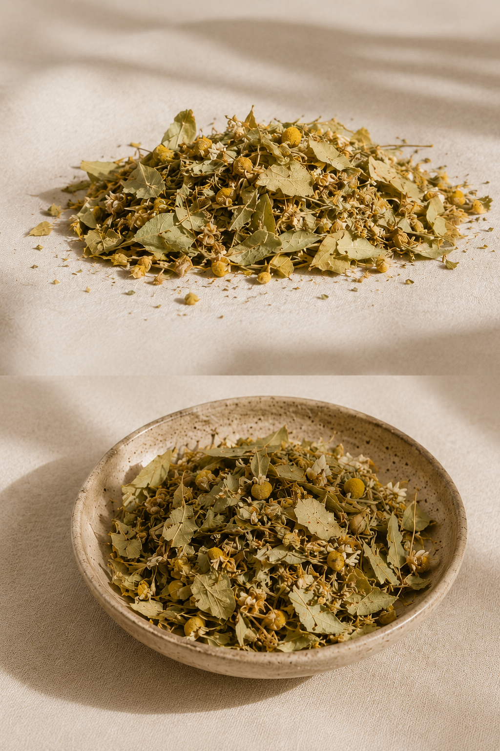 Close-up view of a bowl and loose pile of chamomile and linden leaves for Quiet Bloom herbal tea, softly lit, on a neutral surface.