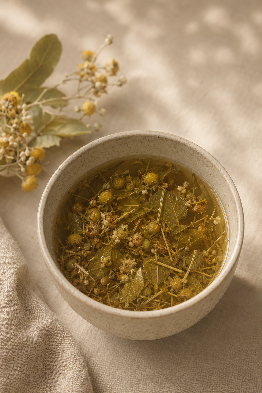 Freshly brewed Quiet Bloom herbal tea with chamomile flowers and linden leaves