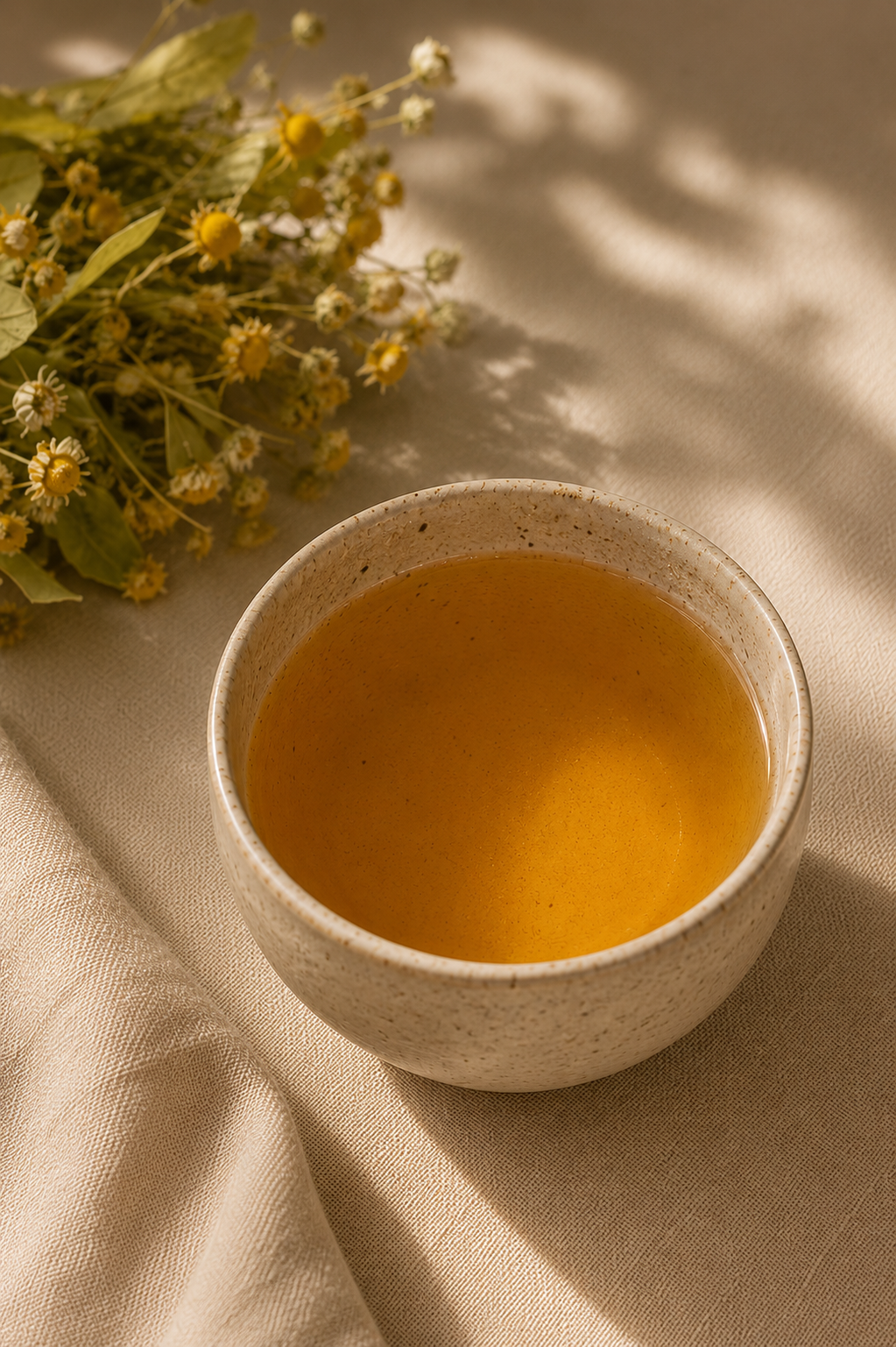 Freshly brewed Quiet Bloom herbal tea in a ceramic cup