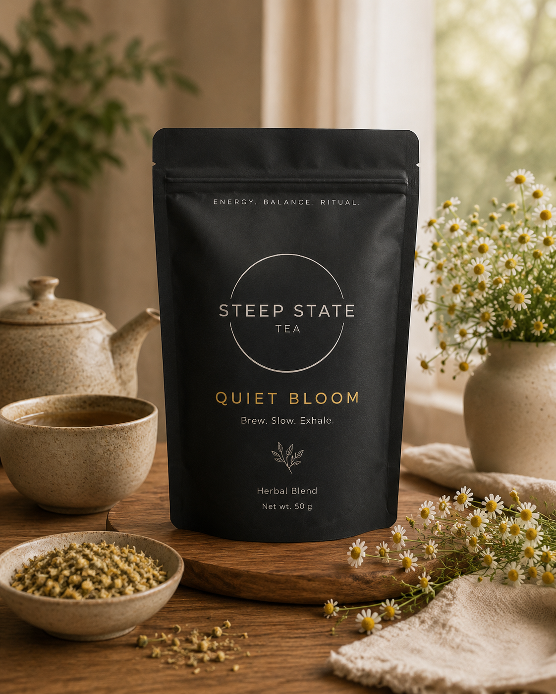 Quiet Bloom herbal tea blend by STEEP STATE TEA with chamomile flowers, warm herbal infusion and ceramic teaware in a calm evening setting